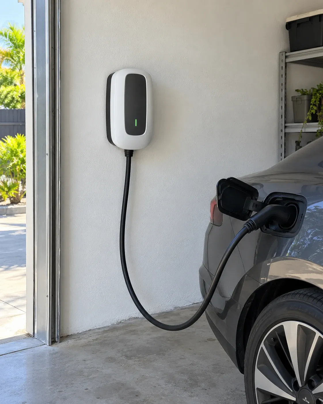Wall-mounted home EV charger connected to an electric car in a garage