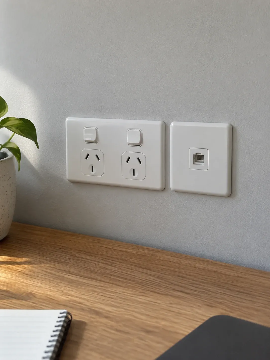 Australian double power point and data jack above a desk