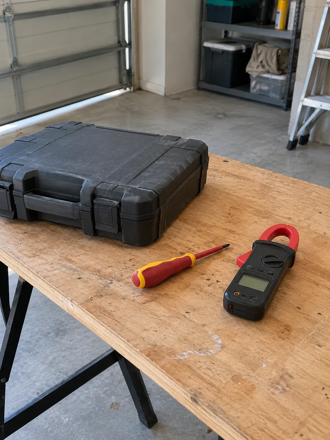 Clamp meter and insulated screwdriver resting on a workbench