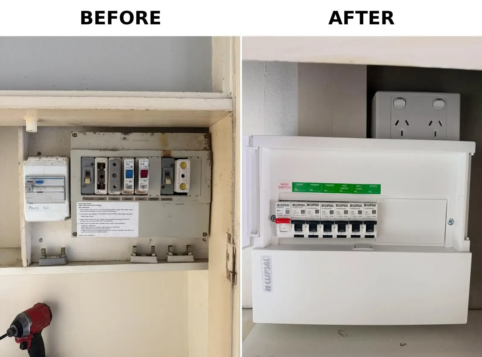 Old switchboard beside the upgraded board with labelled circuit breakers